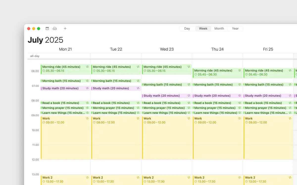 My calendar with detailed time-blocked activities